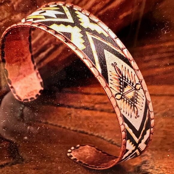 Handmade Boho Native American Navajo Copper Narrow Cuff Bracelet, Navy Yellow, - Picture 2 of 11